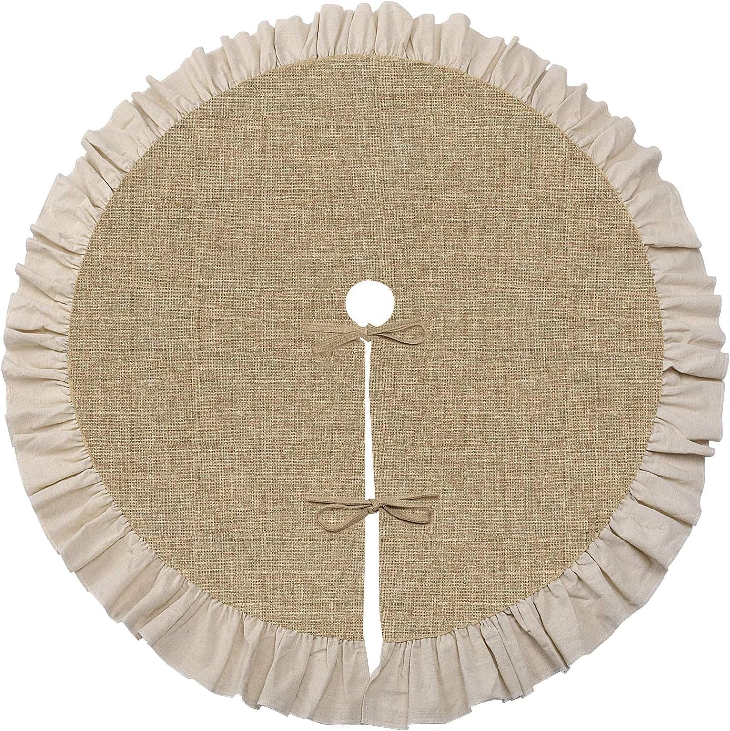 48" Burlap Fall Christmas Tree Skirt with Ruffle Border, Beach Farmhouse Tree Skirt Linen Rustic Tree Ornaments for Christmas Thanksgiving Holiday Party Decorations