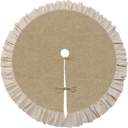 48" Burlap Fall Christmas Tree Skirt with Ruffle Border, Beach Farmhouse Tree Skirt Linen Rustic Tree Ornaments for Christmas Thanksgiving Holiday Party Decorations